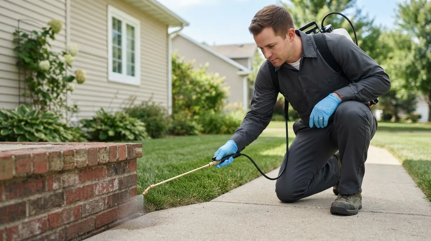 Pest control technician treating a home near Laurys Station, PA